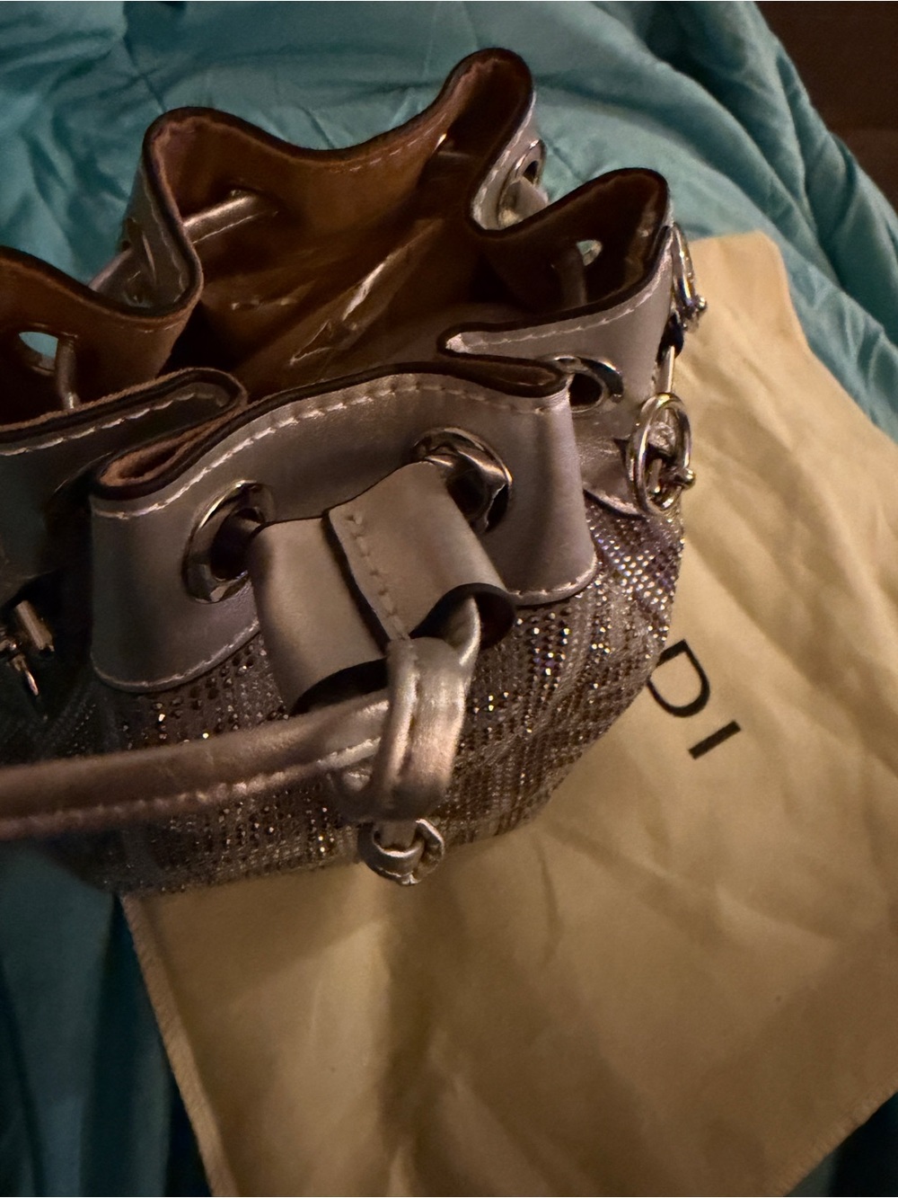 Fashion Luxury EmbellishedSilver Drawstring Mini Bucket Bag with Crystal Accents